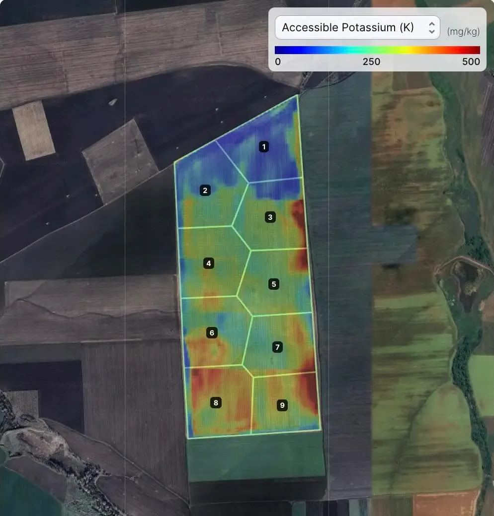 Real Siora nutrient heatmap report overlaid on a satellite view of a field, showing accessible potassium levels across nine zones